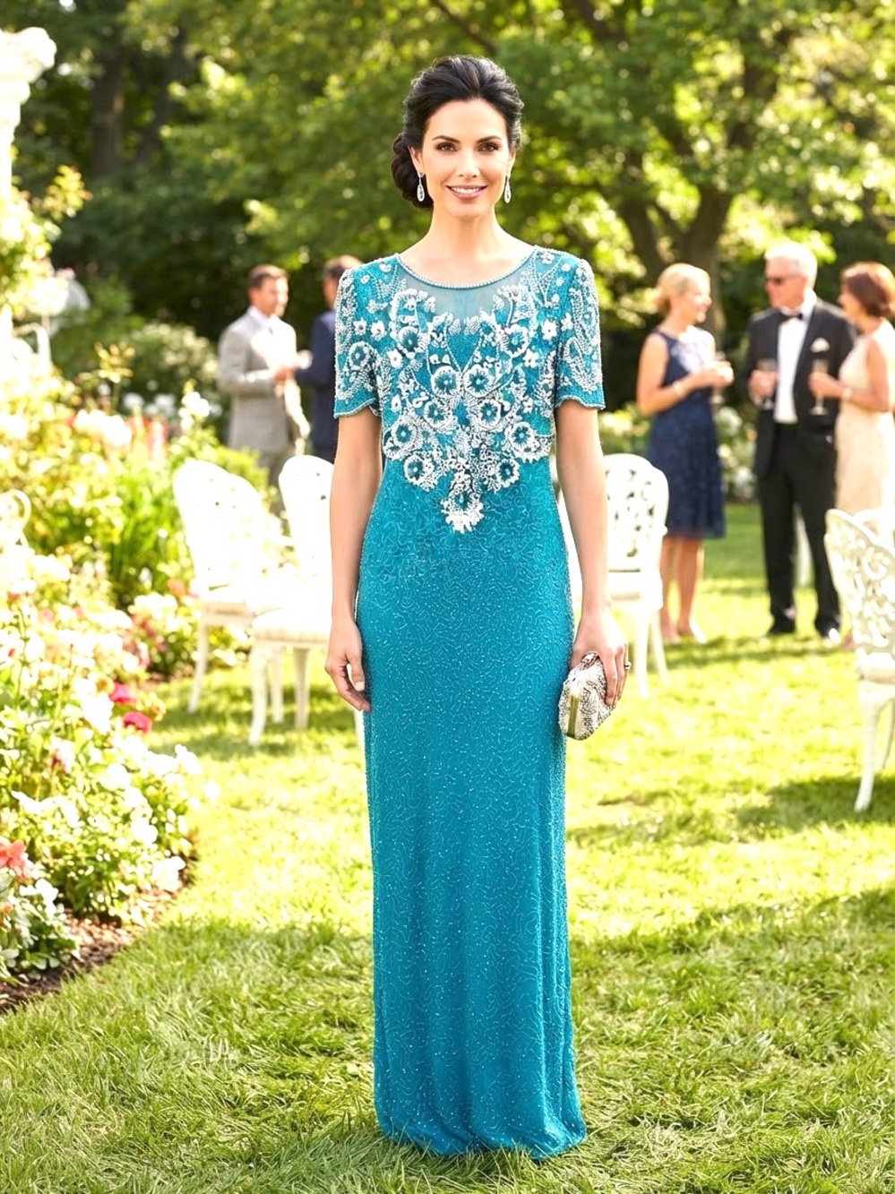 Embellished Teal Maxi Dress with Short Sleeves